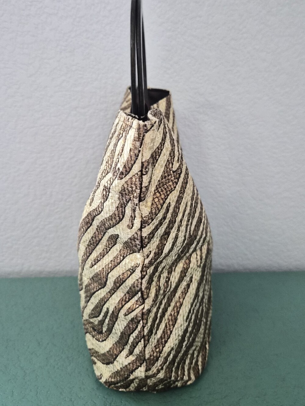 Zebra Print Paper Straw Tote Bag Wooden Handles Safari Boho Casual - Picture 6 of 11